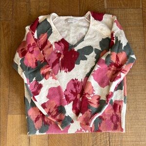 LOFT V-Neck Sweater with Red and Pink Floral Design